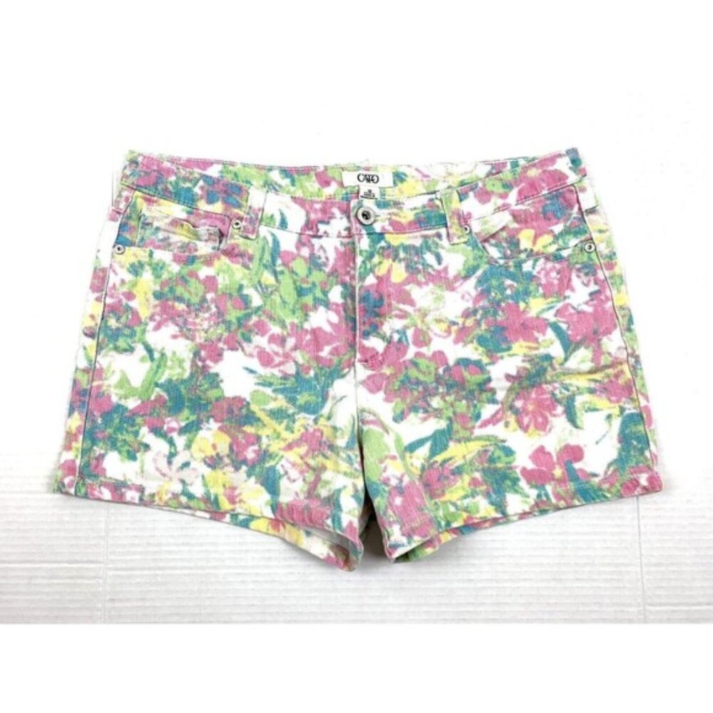 Cato Womens Denim Shorts Size 10 Mid Rise Floral Pockets White Colorful Jean